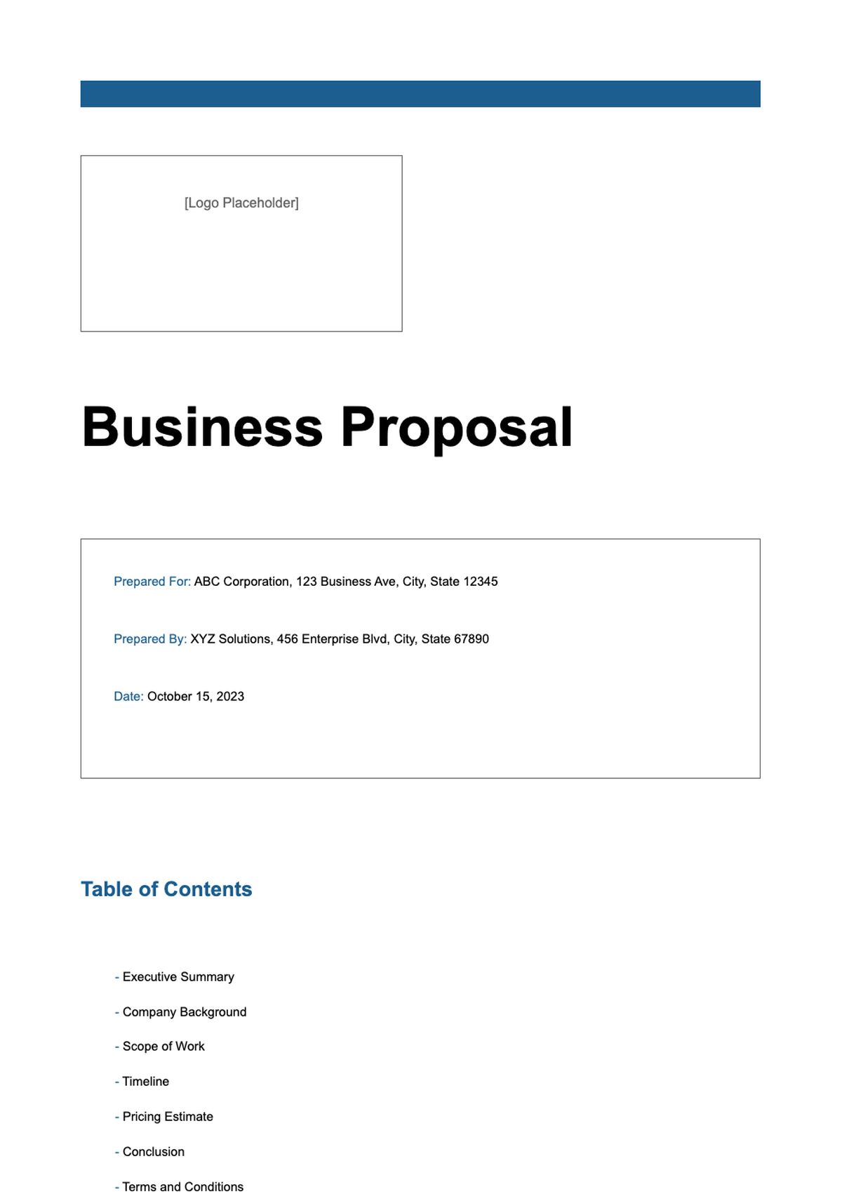 Professional sales business proposal template with table of contents and placeholder fields_variant_2